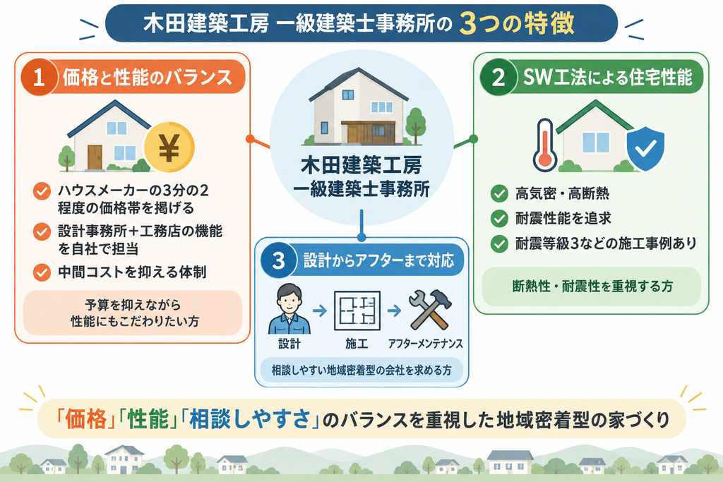 木田建築工房 一級建築士事務所の3つの特徴として、価格と性能のバランス、SW工法による住宅性能、設計からアフターメンテナンスまでの一貫対応を示した図解