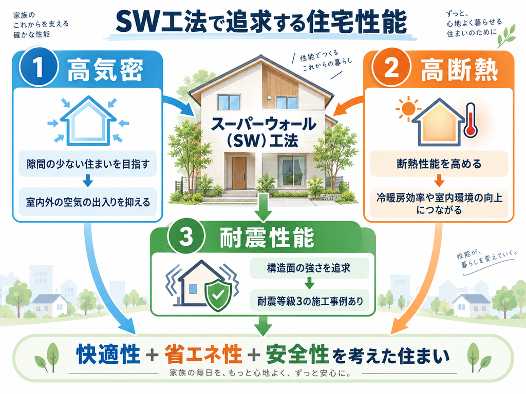 SW工法で追求する住宅性能を示した図解。 