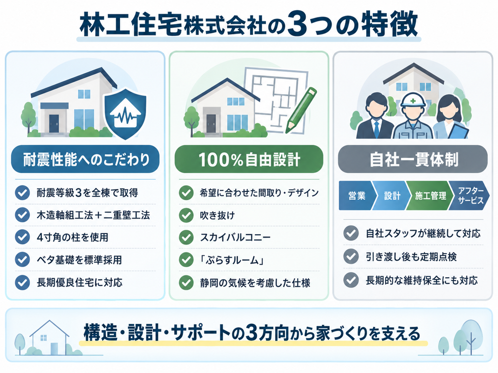 林工住宅株式会社の3つの特徴として、耐震性能へのこだわり、100％自由設計、自社一貫体制をまとめた図解