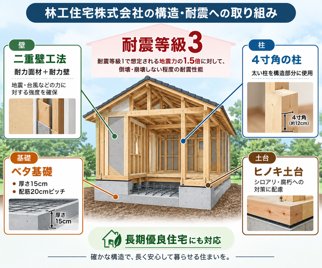 林工住宅株式会社の耐震等級3、二重壁工法、4寸角の柱、ベタ基礎、ヒノキ土台など構造・耐震への取り組みをまとめた図解